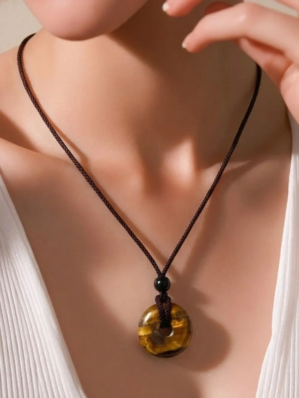 Golden Tiger Eye Donut Pendant Necklace Earthy Boho Pi Stone Jewelry Crystals